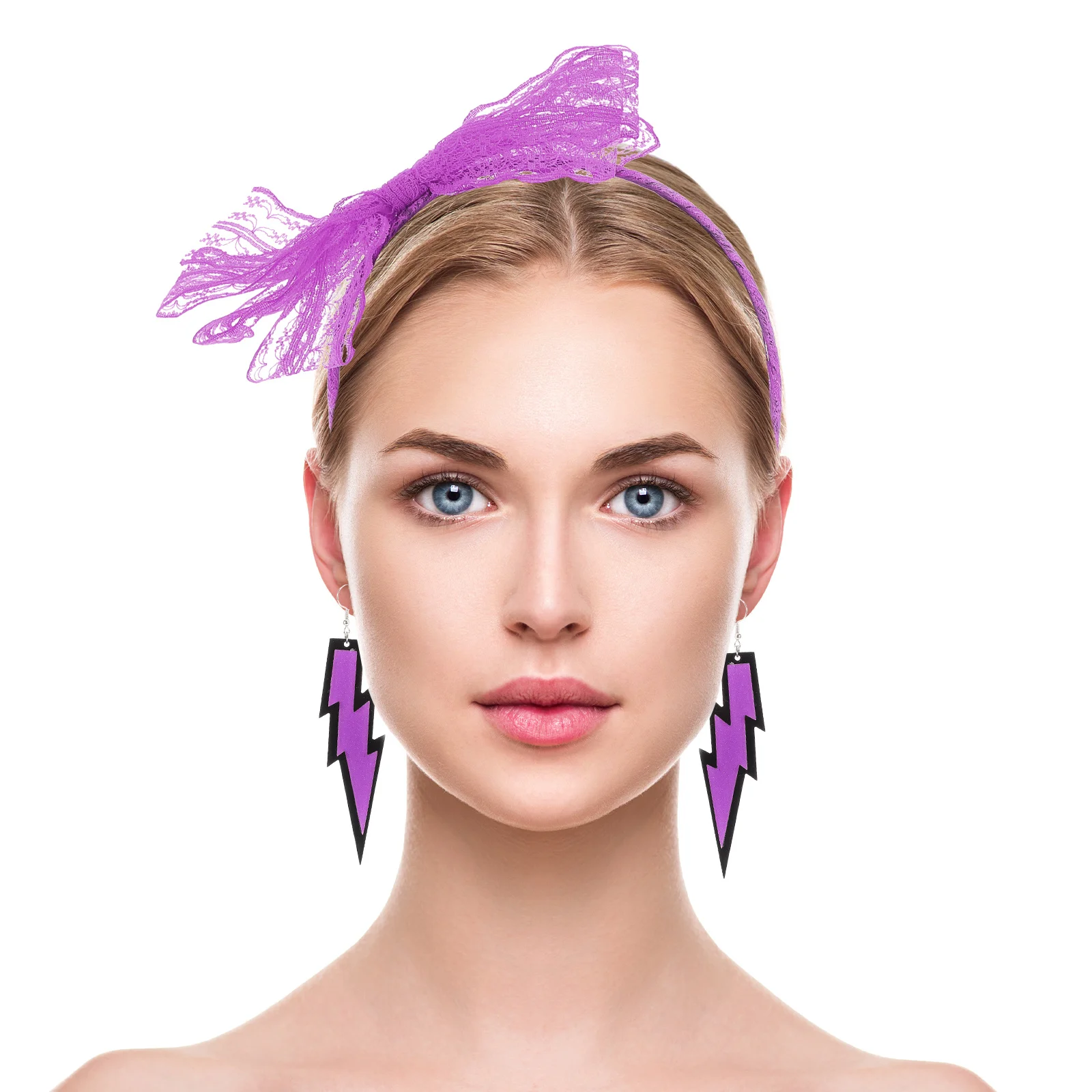 

Neon Lace Bow Headband Set Featuring Dainty Drop Earrings Retro Vintage Halloween Neon Party Accessories Women Earrings
