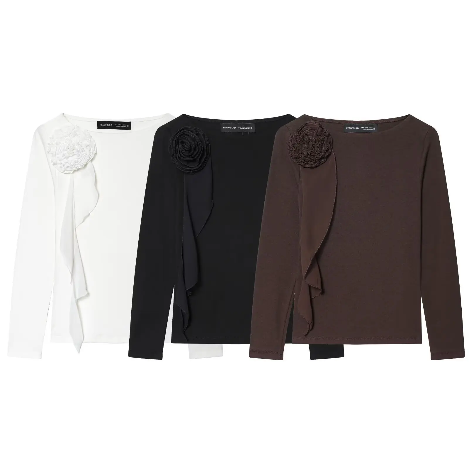 

Women's Minimalist Pullover Blouse Autumn Winter Fashion Casual Long Sleeve Pleated Top Solid Color 3D Floral Pullover Shirt