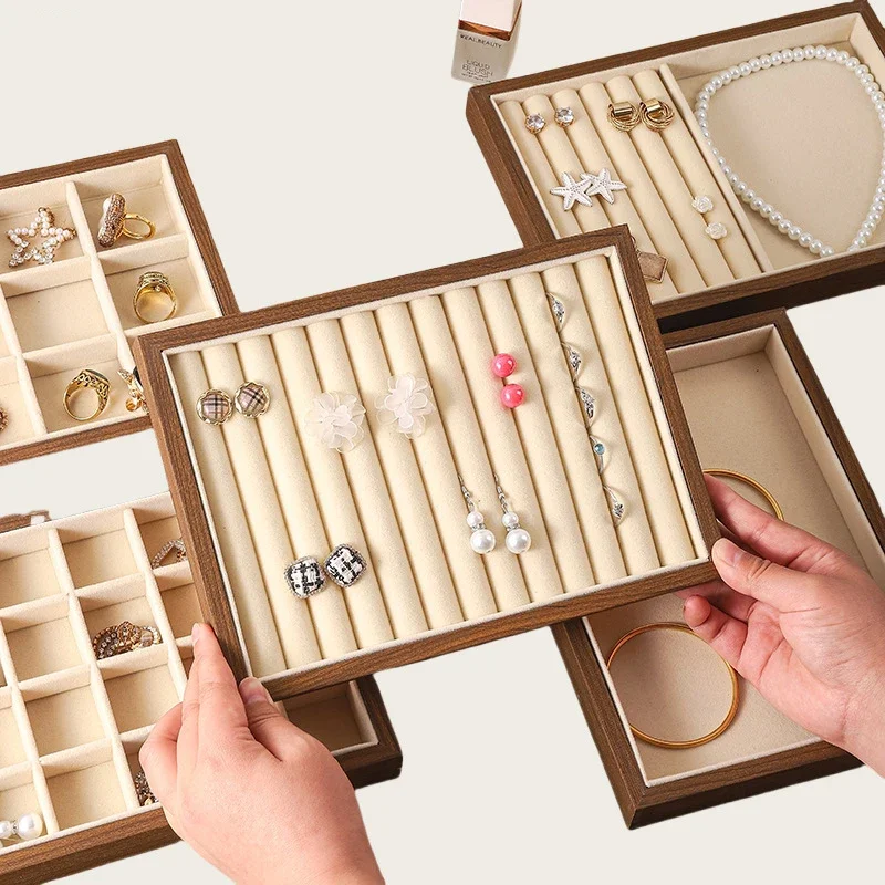 Walnut Wooden Jewelry Tray Organizer with Velvet Lining - Jewelry Storage & Display Tray for Rings, Earrings, Bracelets, Watches