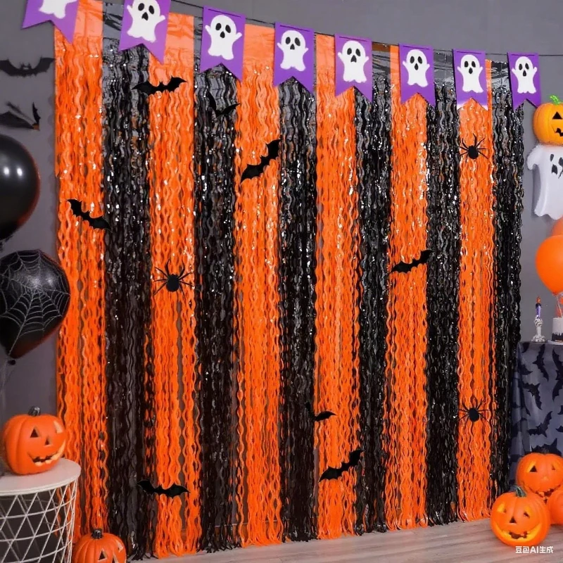 Halloween 6-Panel Two-Tone Rain Curtain Backdrop – Party Decoration for Spooky Night Celebration & Holiday Gathering