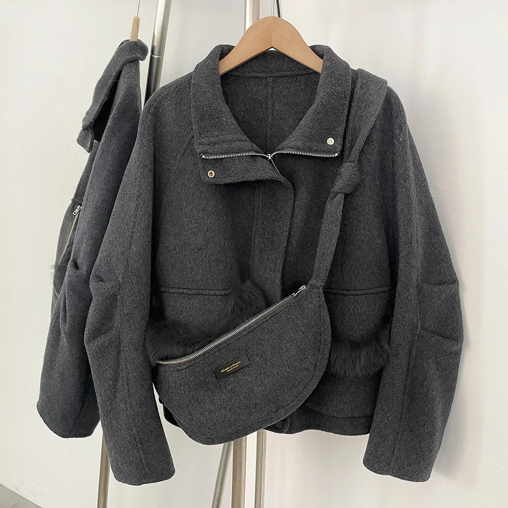 

Women Woolen Jacket Zipper Real Fox Fur Coat Fashion Casual Long Sleeves Short Wool Blend Coat Female Bag Autumn Spring Pockets