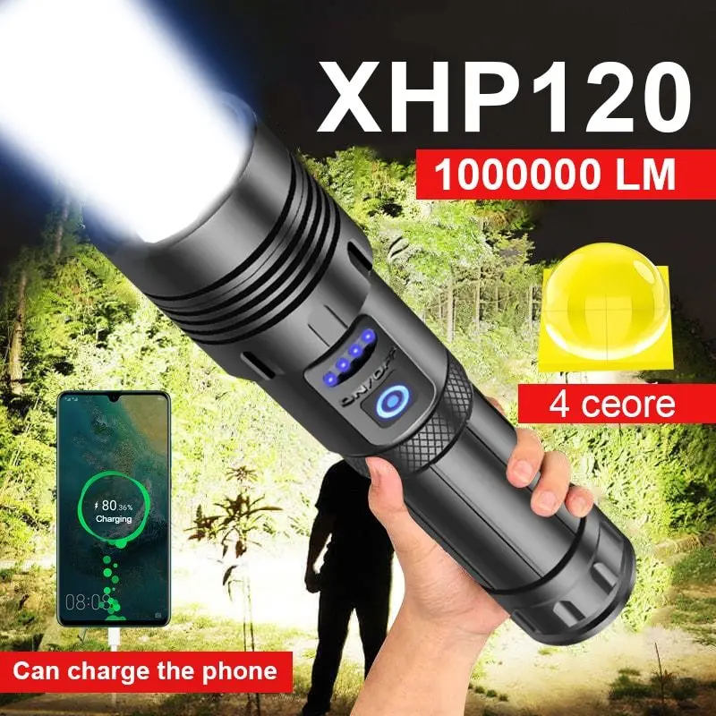 Super XHP120 Powerful Led Flashlight XHP70 High Power Torch Light Rechargeable Tactical Flashlight 26650 Battery Camping Lamp