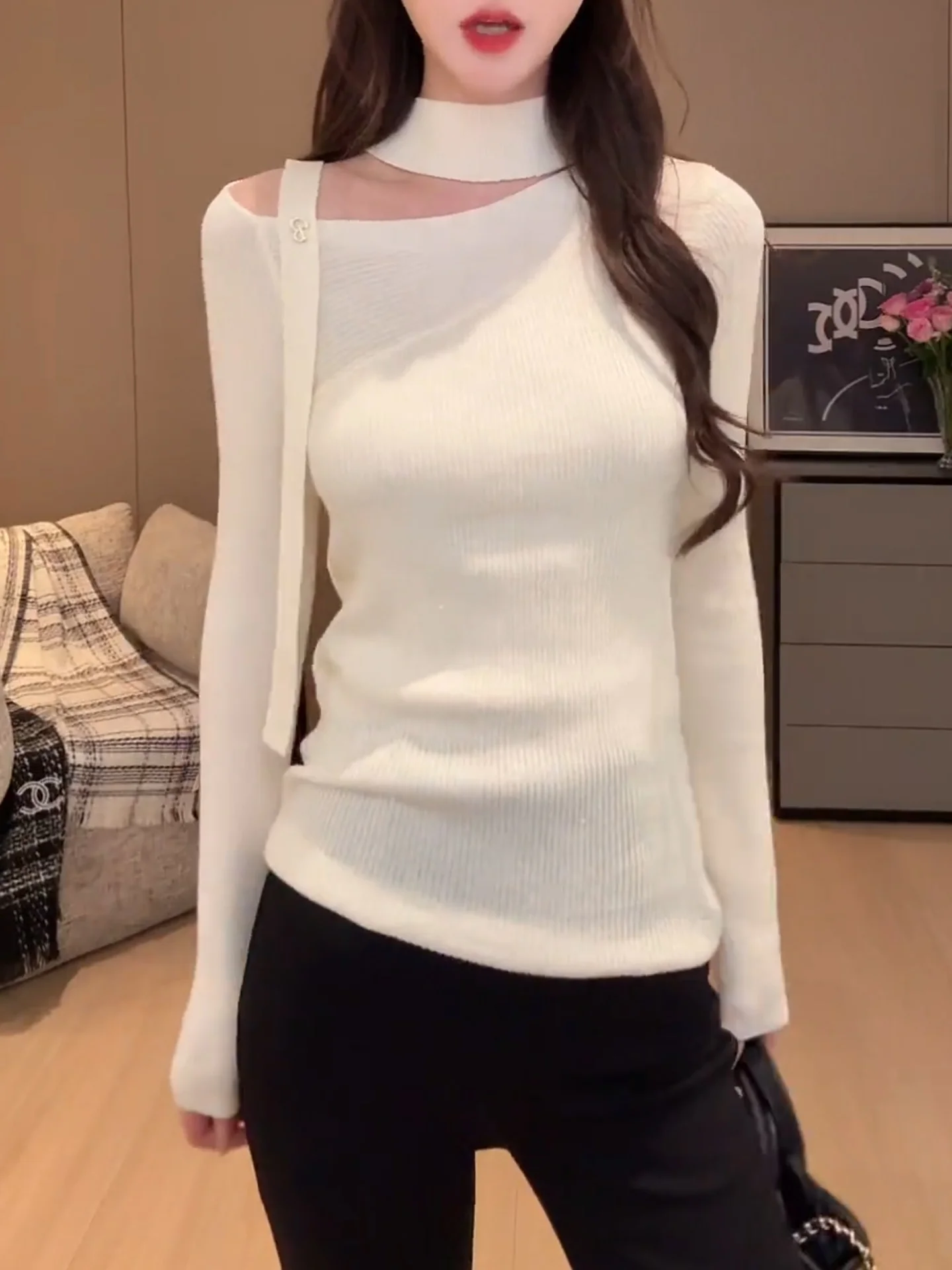 

Корейский вязаный топ с открытыми плечами для женщин: облегающий, теплый, модный, с длинным рукавом, однотонный, на бретельках