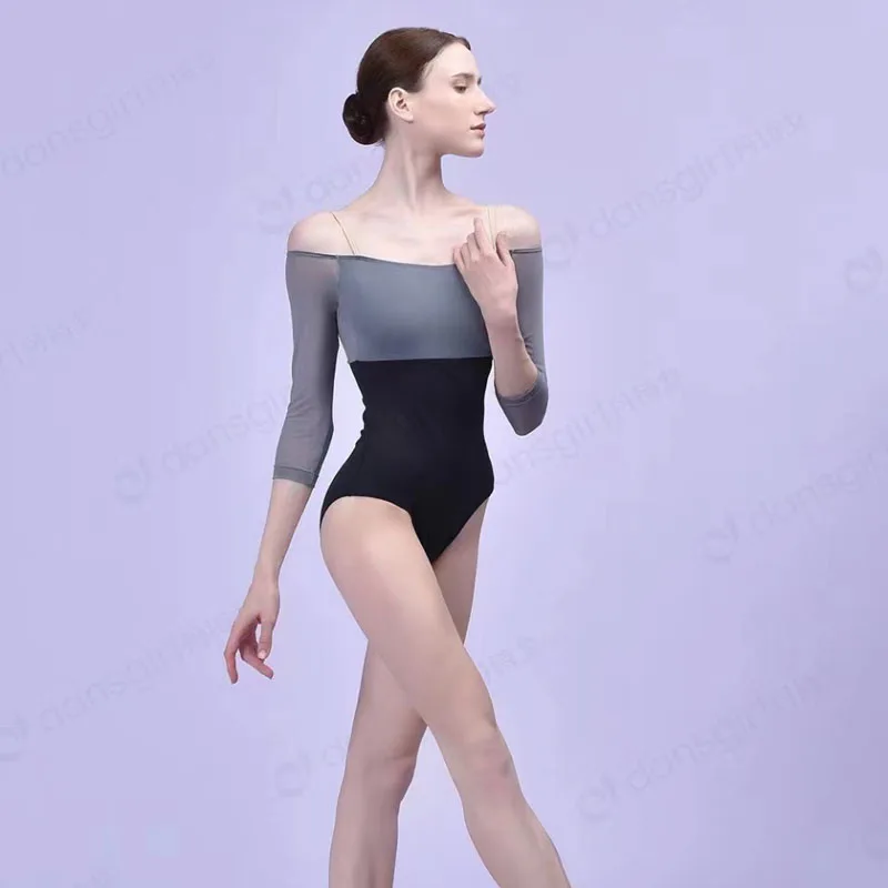 Justaucorps de Ballet Sexy à Manches Trois-Quarts et Épaules Dénudées pour Femme, Maillot de Bain en Maille Cousue pour Adulte, Costume de Phtalballerine