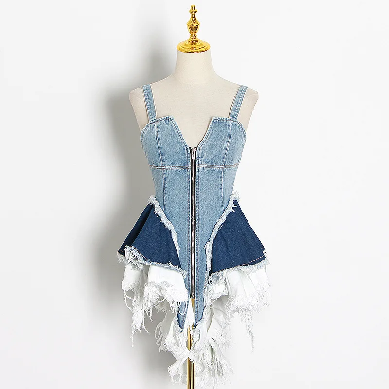 

2024 New Summer Style Niche Design Color-blocked Denim Waist Slim Vest Suspender Top for Women Trendy