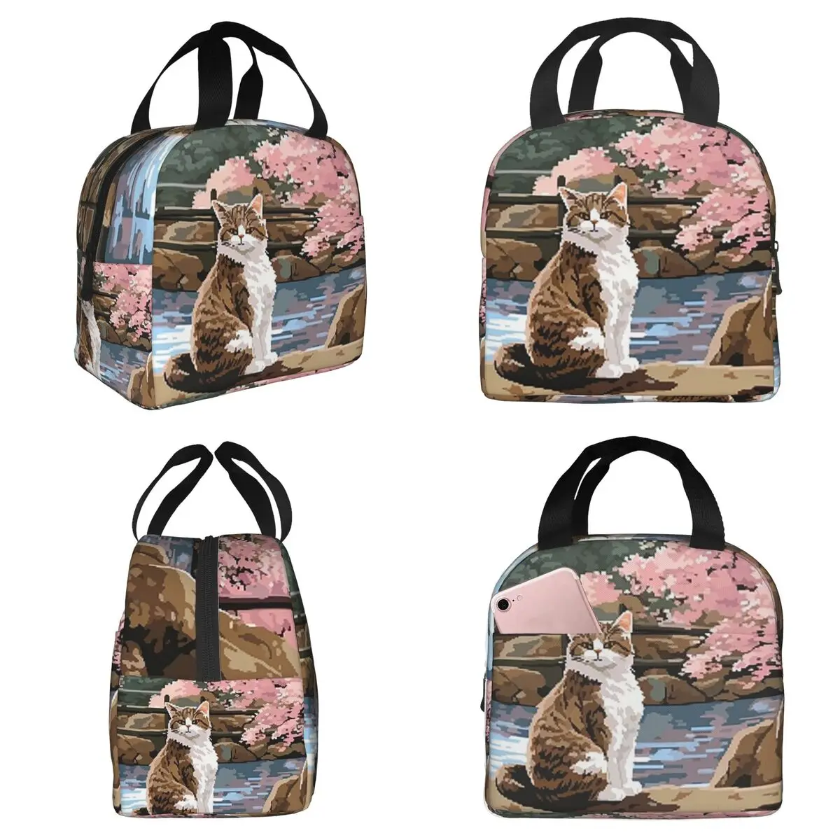 

Изолированная сумка для обеда с изображением Сакуры, горы Фудзи и кошки для женщин, термосумка для еды, портативный контейнер для обедов