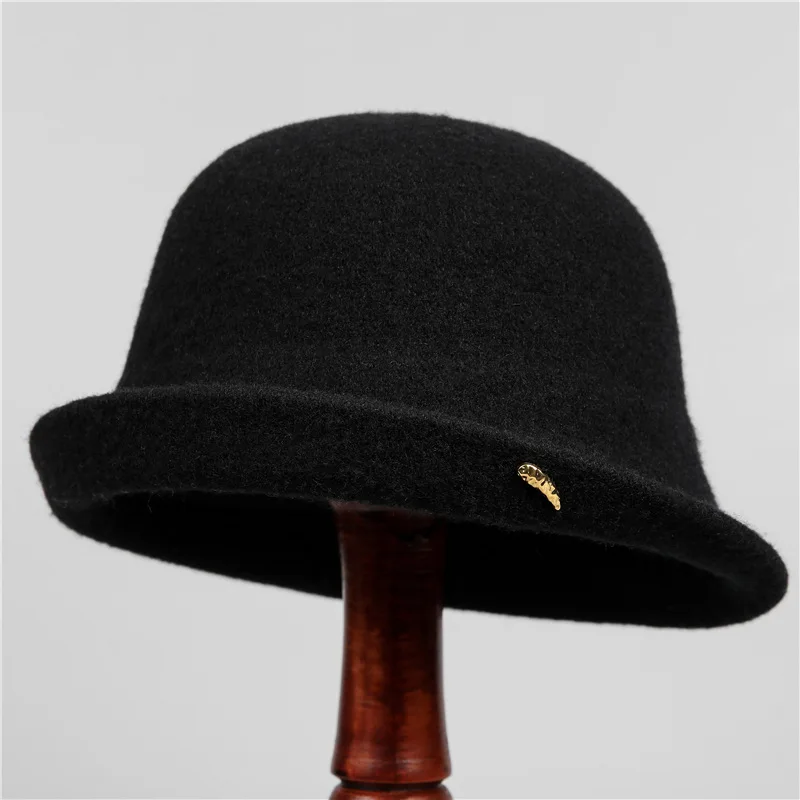 Wollrollrand-Bucket-Hut für Damen, weiche, warme Filz-Cloche-Kappe, einfarbig, Herbst-Winter, lässiger Fischerhut, Alltagskopfbedeckung – Detail 10