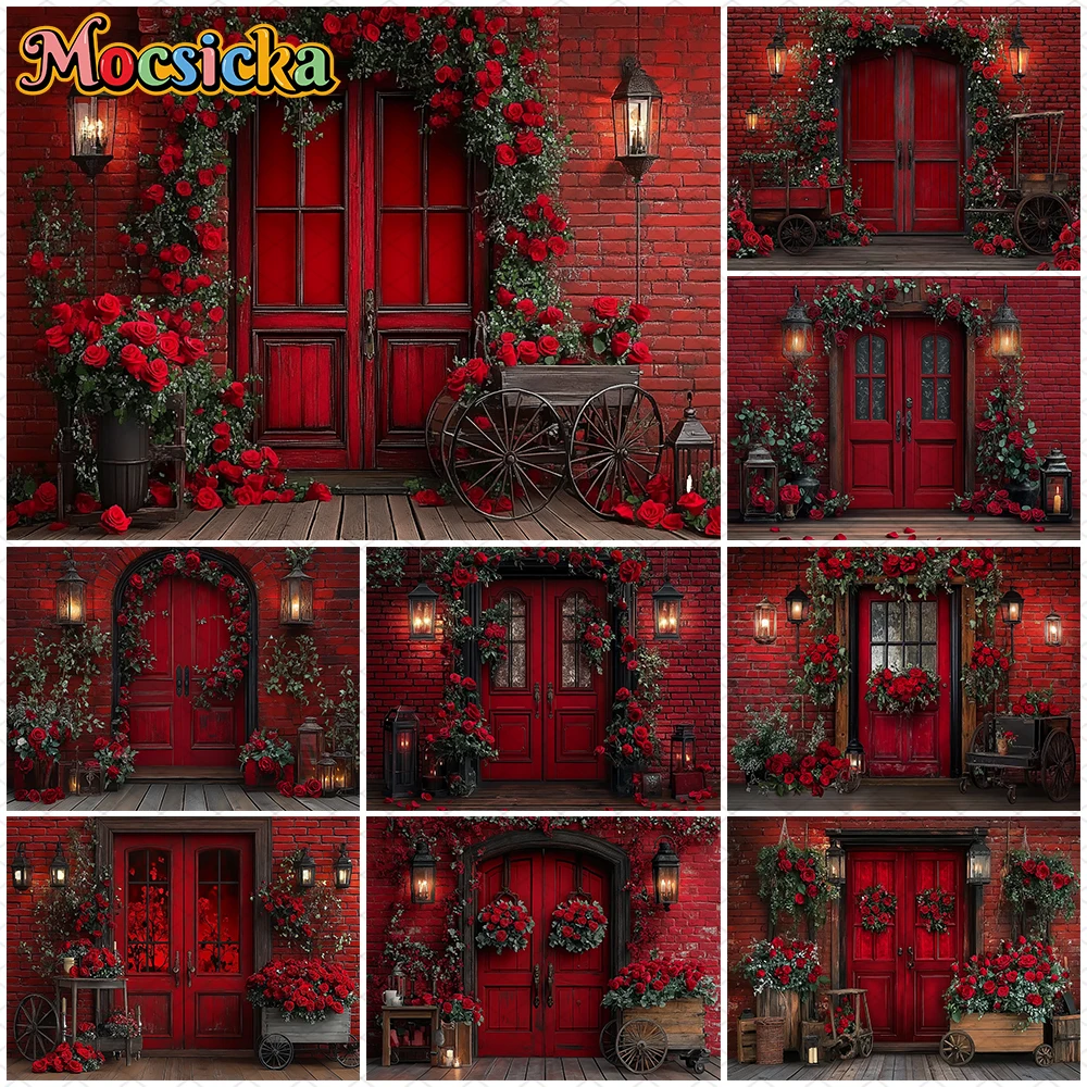 

Mocsicka Valentine's Day Photo Background Rose Love Heart Flower Red Bricks Wall Door Decorations Wedding Backdrop Studio Banner