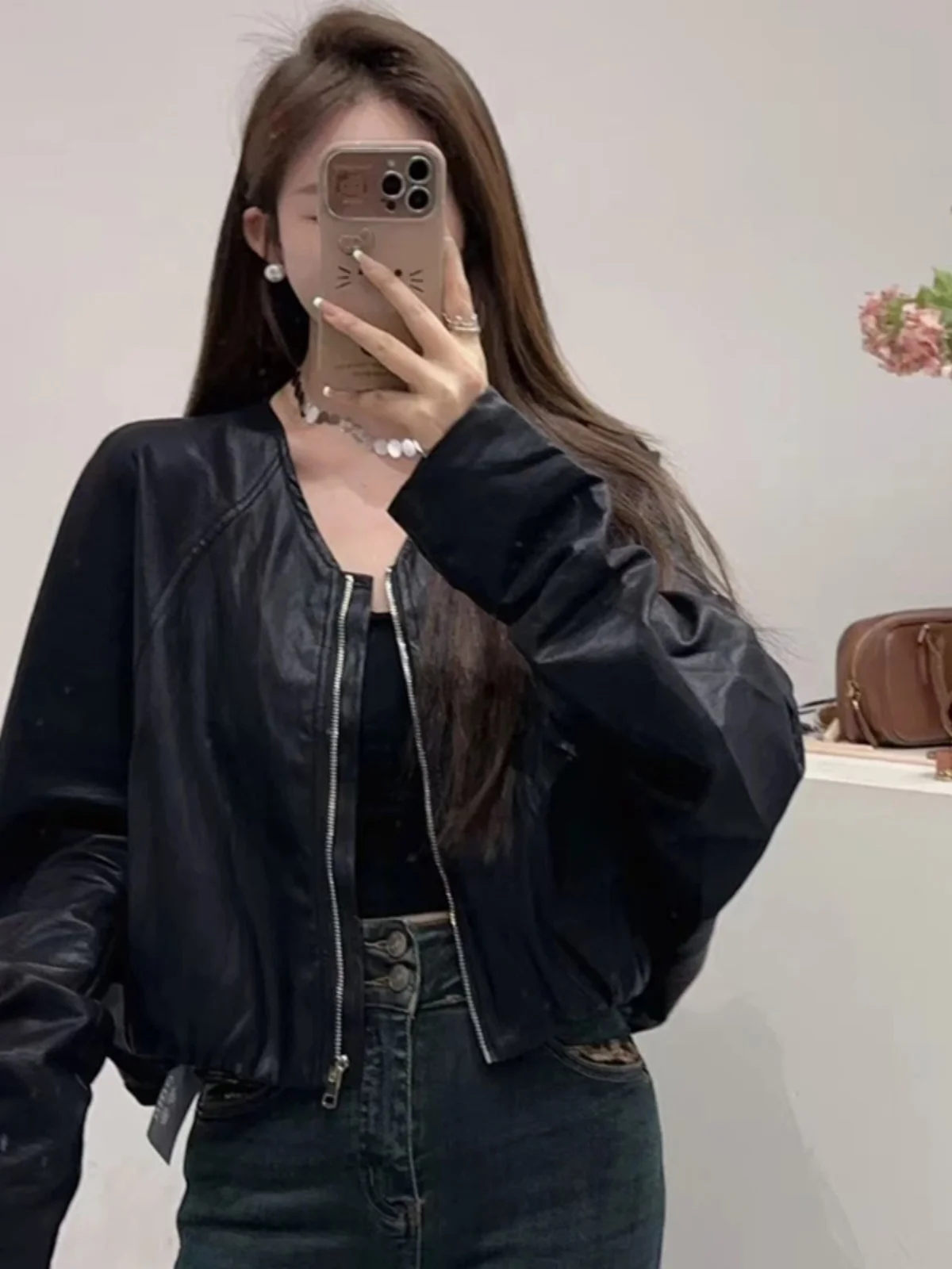 

Spring 2025 Women's Faionable Casual ort Leather Jaet Motorcycle Sle Korean High-End Slimming Outerwear Coat
