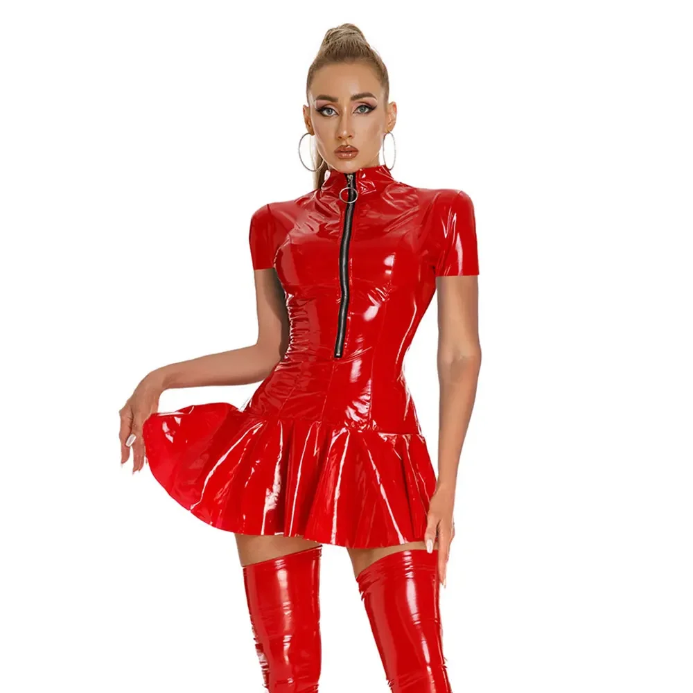 Ladies Stand Collar Slim PVC Dress Sexy Faux Latex Bodycon Dress Women Long Sleeve PU Leather Mini Dress Zipper Clubwear Costume