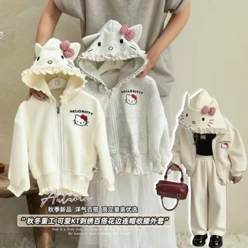 

Kawaii Hello Kitty Sanrio Student Cute Cartoon Hooded Sportswear Children Comfortable Warm Hoodie Trousers Jacket Gift for Kids