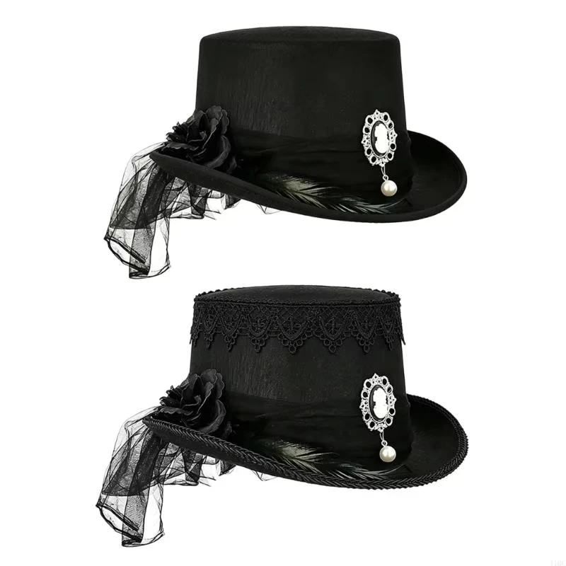 Flocked Top Hat Exquisite Retro Costume Hat Imitation Pearl Brooch Hat Retro For Stage Performance Daily Gothic Outfits Theme