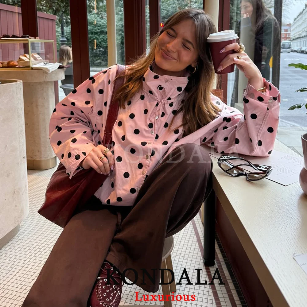 KONDALA Casual Pink Polka Dot Print Jackets Women Turtleneck Button Oversized Jackets Fashion 2026 Spring Summer Y2K Girl Tops