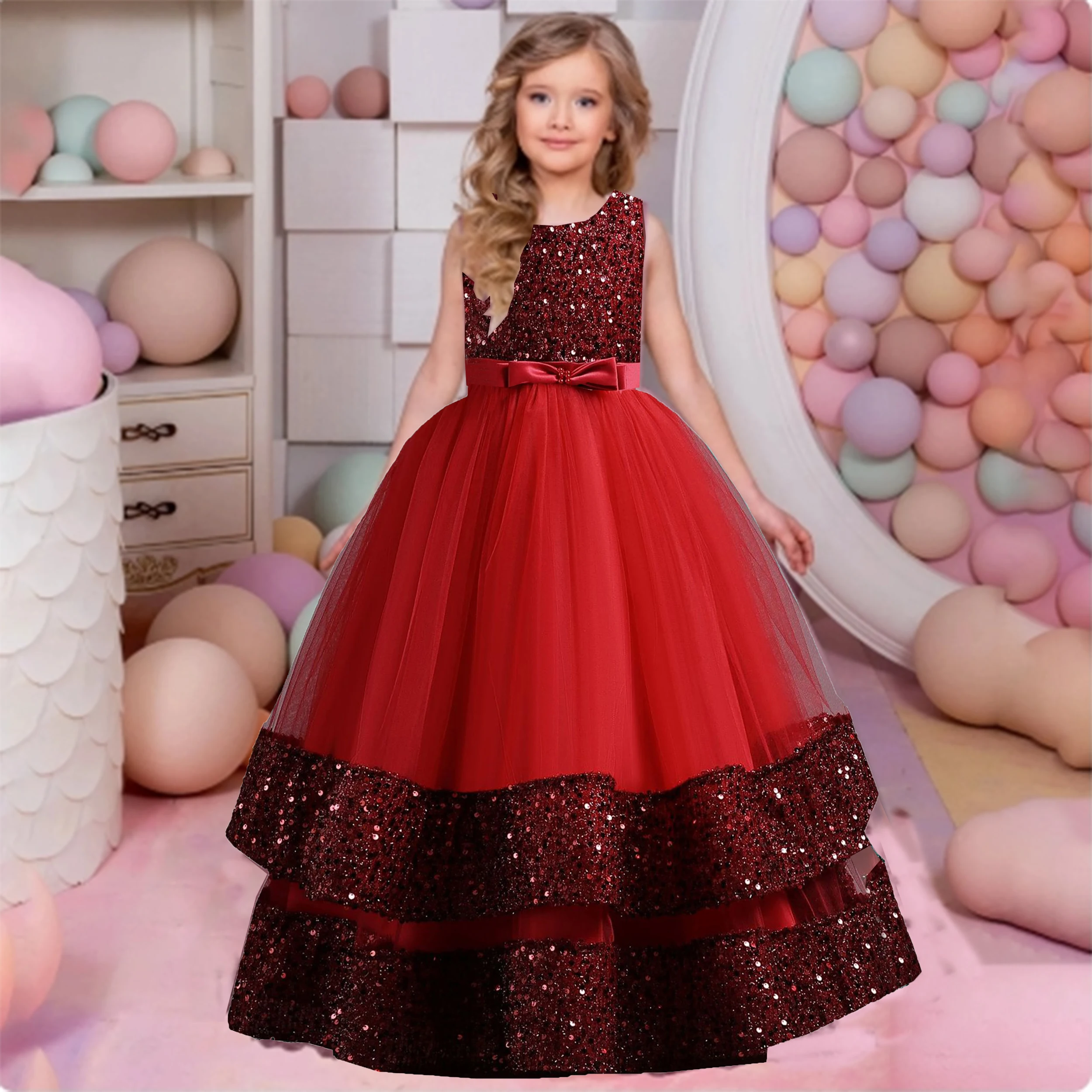 

Little Girls Sequined Flower Girl Birthday Party Formal Dress Girls Long Ball Gown Pageant Dress AC092