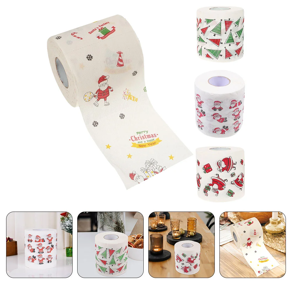 

4 Rolls Christmas Pattern Toilet Paper Household Supplies Xmas Patterns Printing Tissue Kitchen Decor Socks