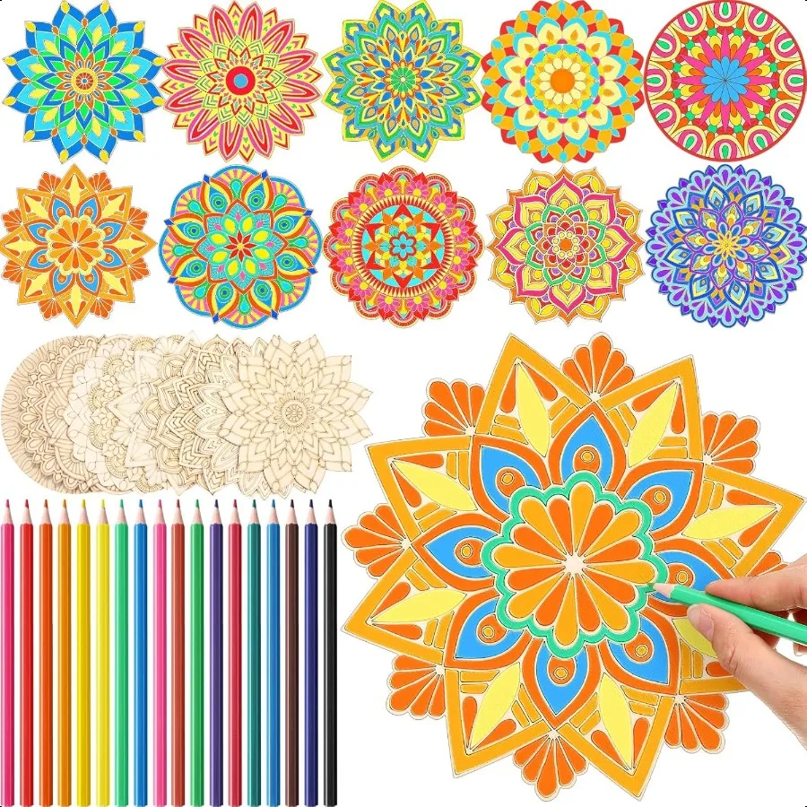 

28 Pcs Wooden Mandala Painting Set 10 Unfinished Wood Cutouts with 18 Colored Pencil for Making Kit Mandala Crafts for Painting