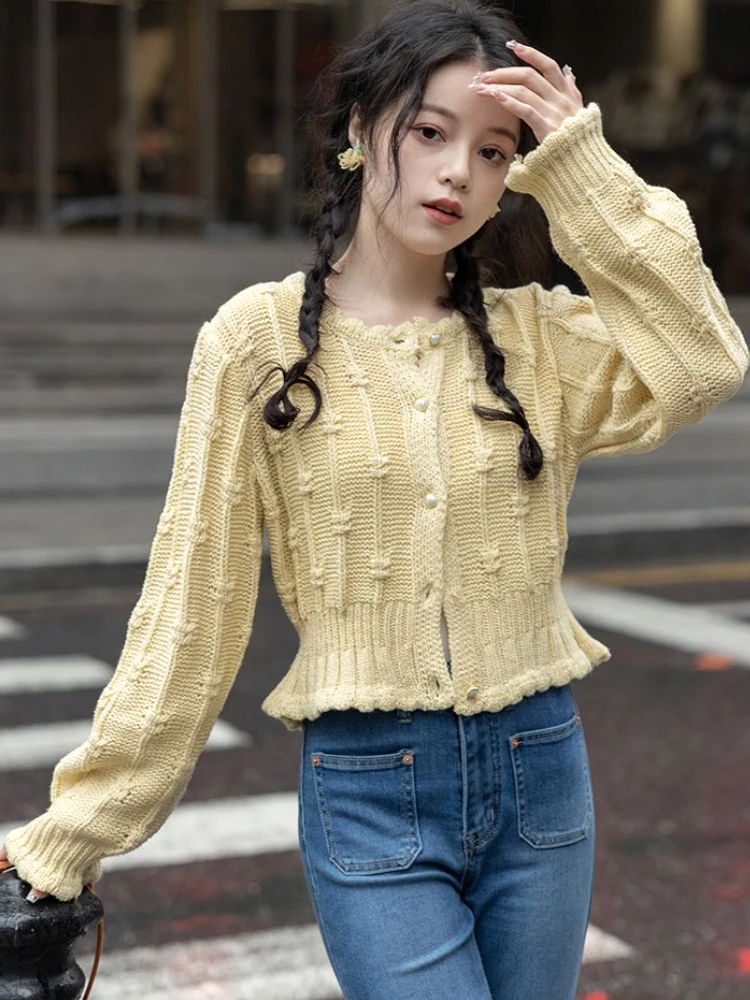 Cardigans Women Chic Korean Style New Design Autumn Elegant Knitwear Young Sweet Girls Ruffled Collar Simple Soft Warm All-match