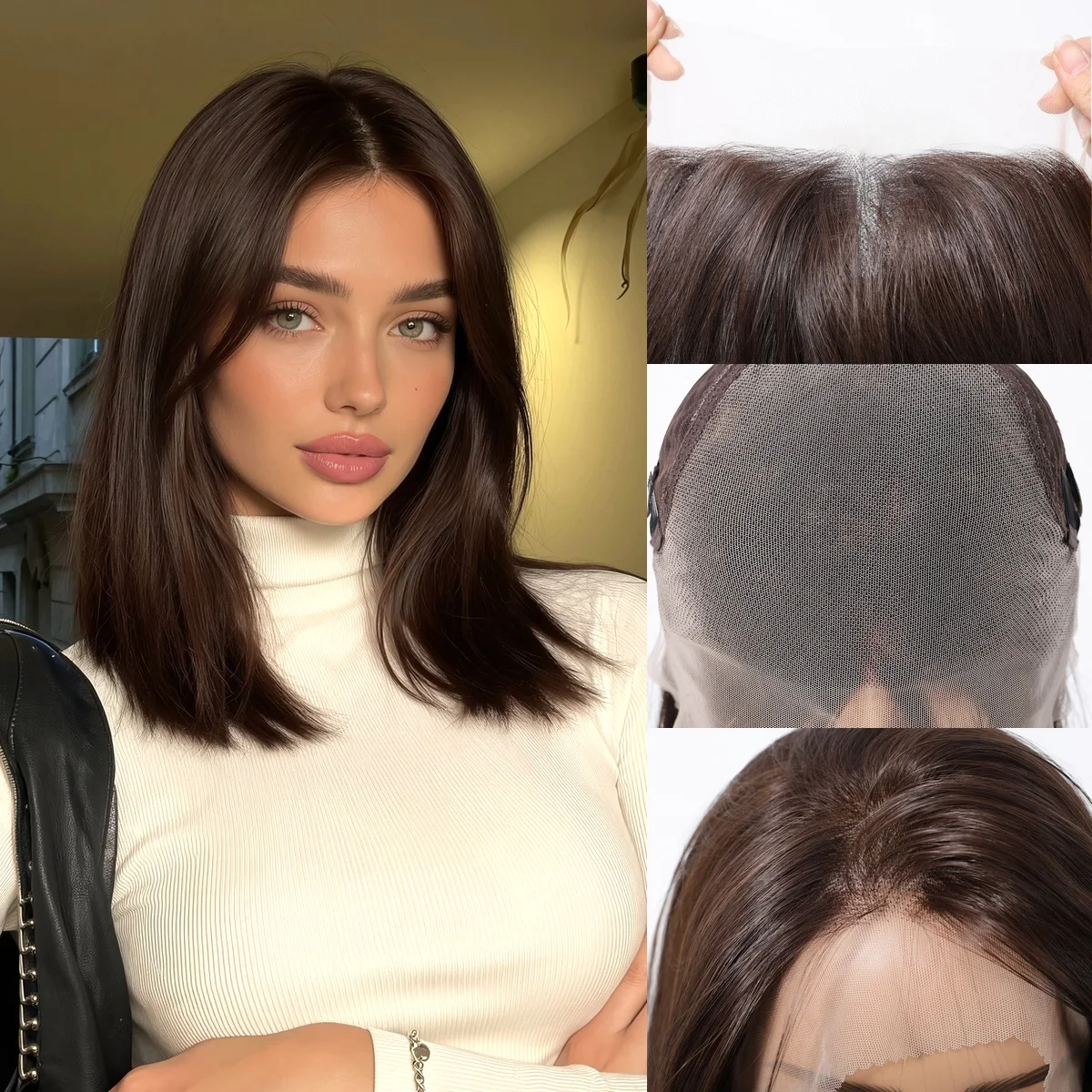 Dark Brown Straight Bob Lace Synthetic Wigs for Women 14inch Short Natural Hair Wigs With Pre Plucked Hairline 13x6 Lace Front