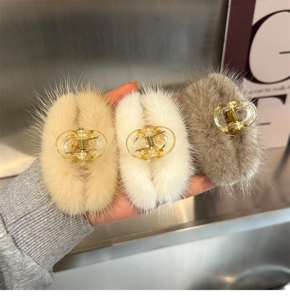 

New Plush Design Top Grade Hair Claw Clip For Women Sweet Hair Ornament Back Long Hair Hold Headband Real Mink Hair Accessories