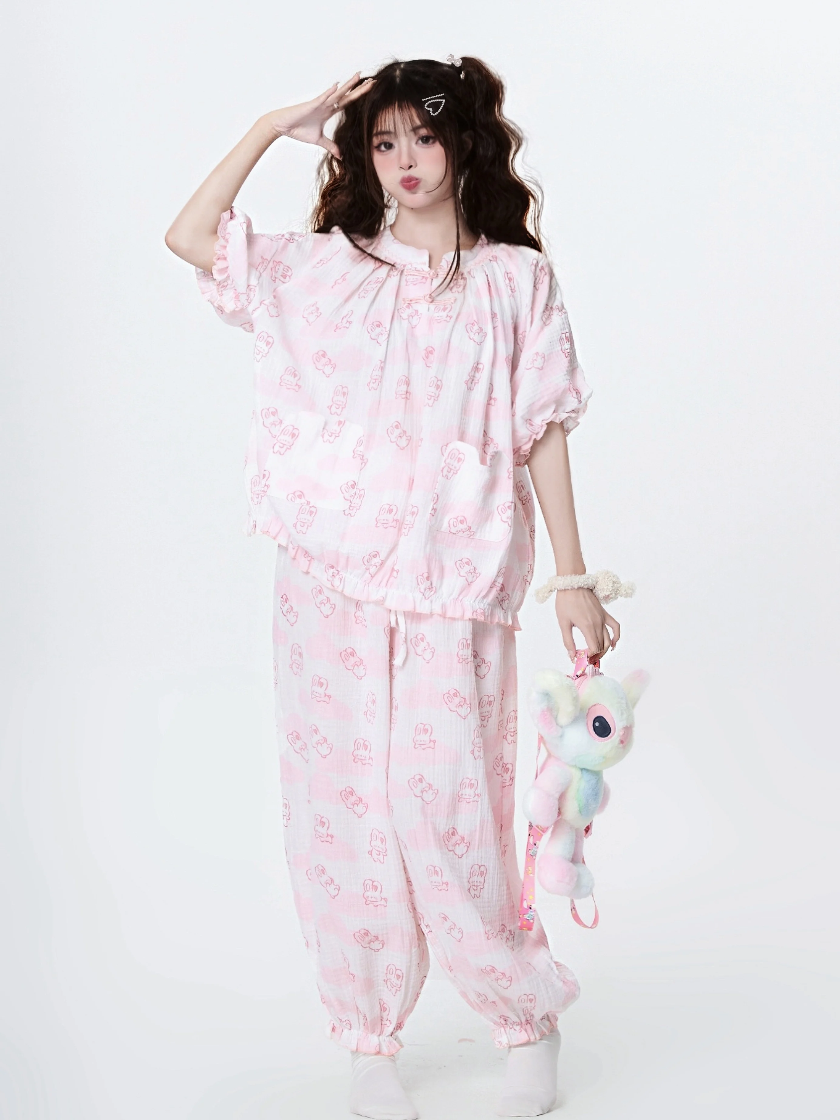 Sweet Girl Japanese Original Pure Cotton Skin-friendly and Comfortable Pajamas Cartoon Cute Loose Casual Home Set