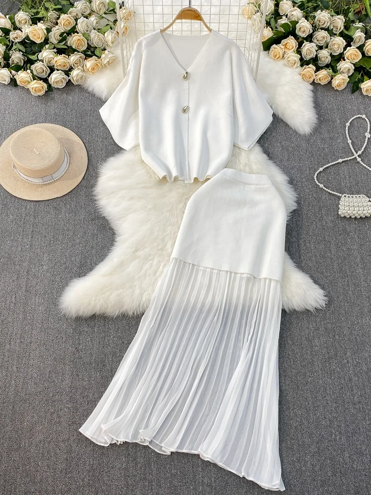 

Faionable V-ne Top High Waist Pleated Slimming f-length Skirt Two-piece Set Simple Ele Matching Workwear orm