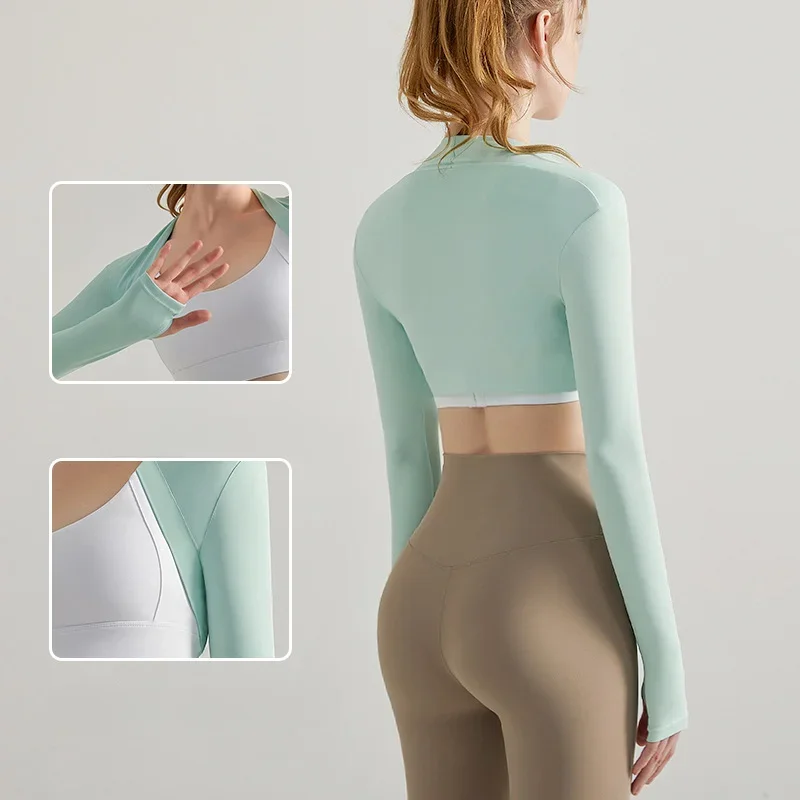 Sexy Yoga Shirt Women's Long-sleeved Top Sun Protection Fashion Tight Solid Sports Fitness Shawl Cardigan Workout Open BackTops