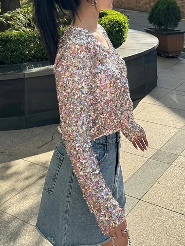 Y2K المرأة بلايز كم طويل سليم تي شيرت مجسم الربيع بريق الترتر البريق قميص الحفلات أنيقة الخامس الرقبة زر حتى مكتب سترة