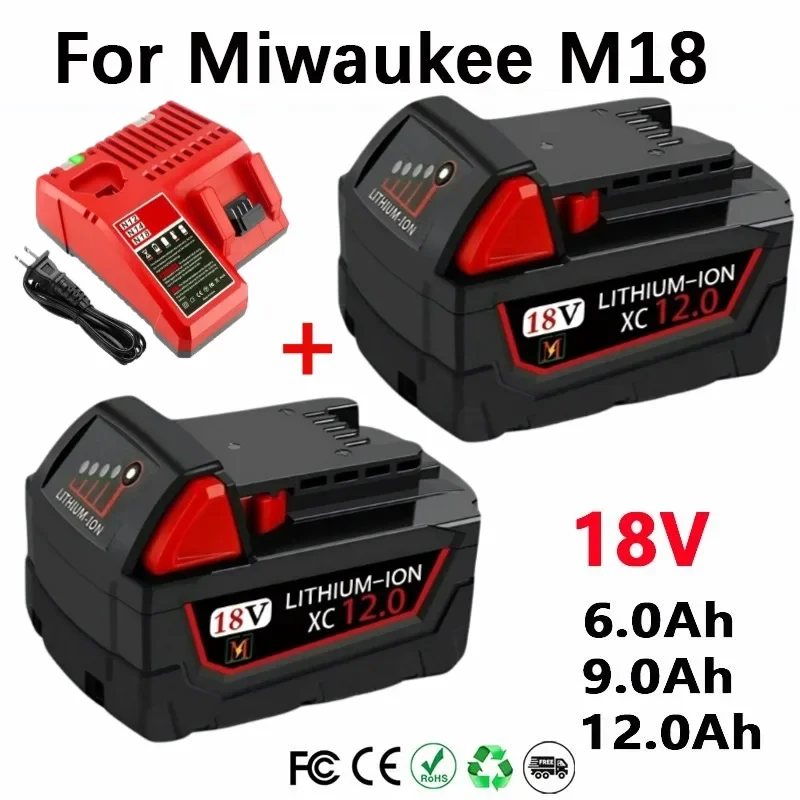 

100% оригинальный аккумулятор для электроинструмента Milwaukee M18 , Зарядное устройство, BR, XC, 18 В, 12000 мАч M18B5, 48-11-1860, Встроенный аккумулятор 21700