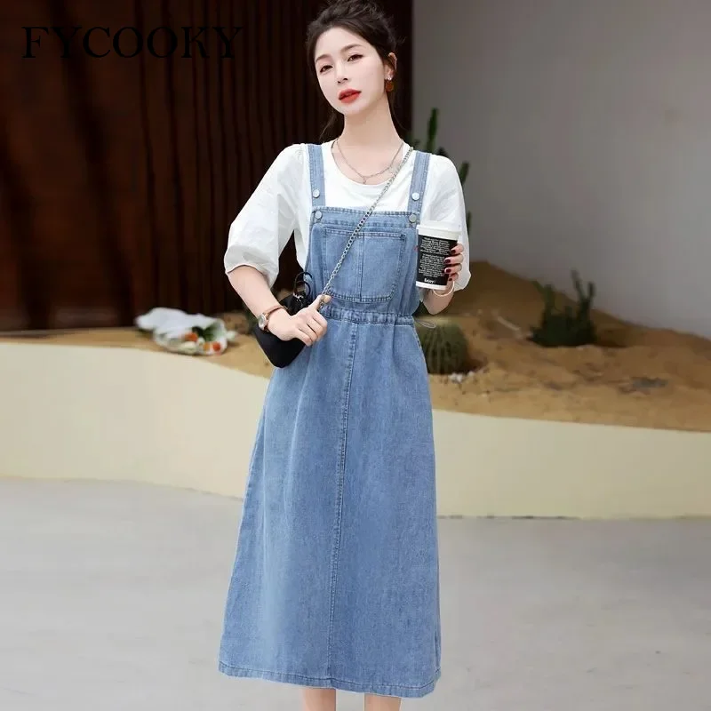 

New 2025 Fashion Women Denim Suspender Skirt Causal Female High Waist A-line Solid Strap Jean Skirt Woman
