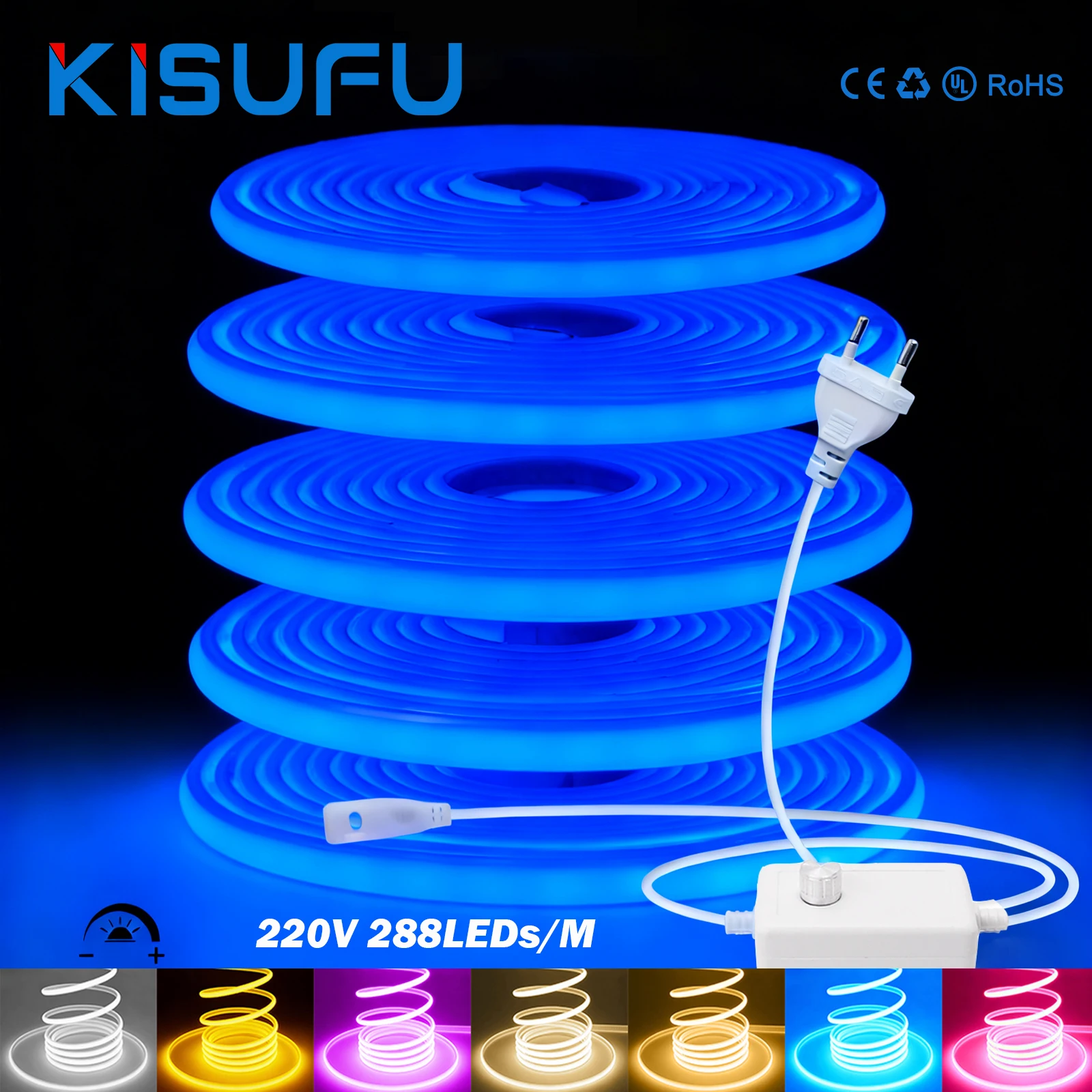 220V Dimmable COB LED Neon Strip Light Outdoor Waterproof Super Bright 288LEDs/M Flexible Lamp Garden Home Bar Decor 10 Colors