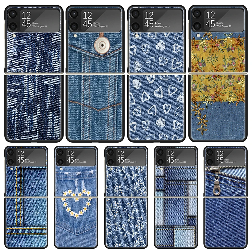 Jeans Cowboy Denim Printed Phone Case for Samsung Galaxy Z Flip3 5G Flip4 Flip5 Black Hard Cover Z Flip 5 4 3 PC Shell Zflip3 Co