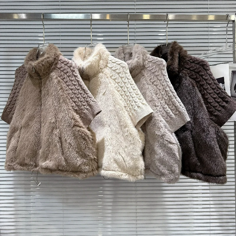ZHUOFU Trendy 2026 Winter New Fashionable Braided Cable Knit Short Jackets Eco-friendly Faux Fur Splicing Loose Coats Ladies