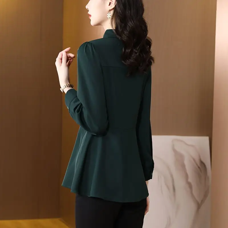 Fashion Folds Slim Waist Shirt Female Clothing Solid Color Long Sleeve Spring Autumn Single-breasted Commute Polo-Neck Blouse