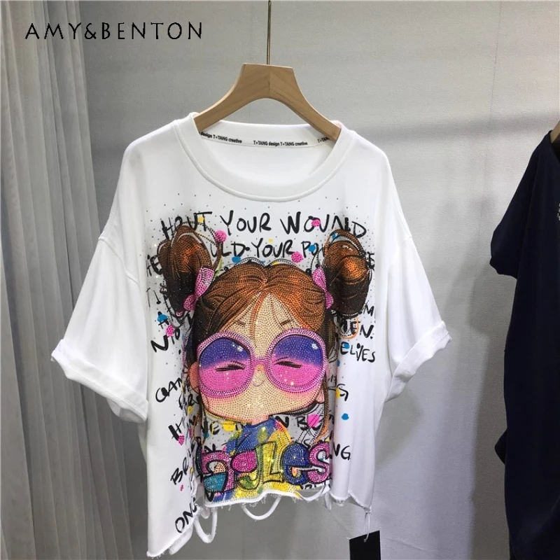

Summer New Cartoon Rhinestone T-Shirt Women's Cute Girl Short Cotton Tees Versatile Slimming Short Sleeved Casual O-Neck Tshirts