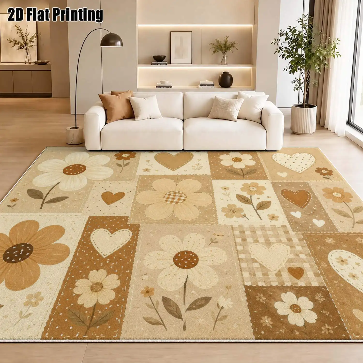 1Pc 2D Printed Velvet Carpet: Retro Brown-Yellow Flower & Heart Pattern, European Style, Multiple Sizes, Machine Washable, for Home Decor & Multi-Scene Use