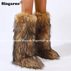 2024 Girls Winter Thigh High Fluffy Boots Ladies Furry Faux Fox Fur Long Warm Shoes Women New Designer Plush Knee High Fur Boots