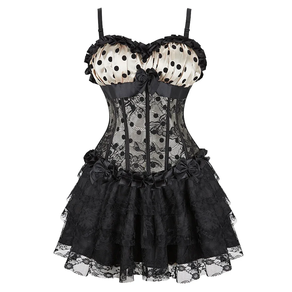 Vintage Lace Lingerie Dot Print Bustier Corset Top With Straps Cup Gothic Tutu Skirt Set Plus Size Burlesque Party Costumes