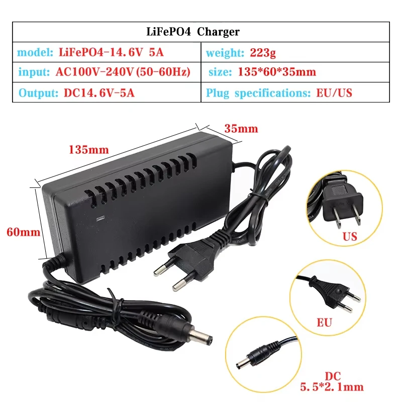 4S 12V 12.8V 14.4V Lithium iron battery Universal Power Supply charger 14.6V 5A LiFePO4 Battery Smart Charger 100-240V to DC for