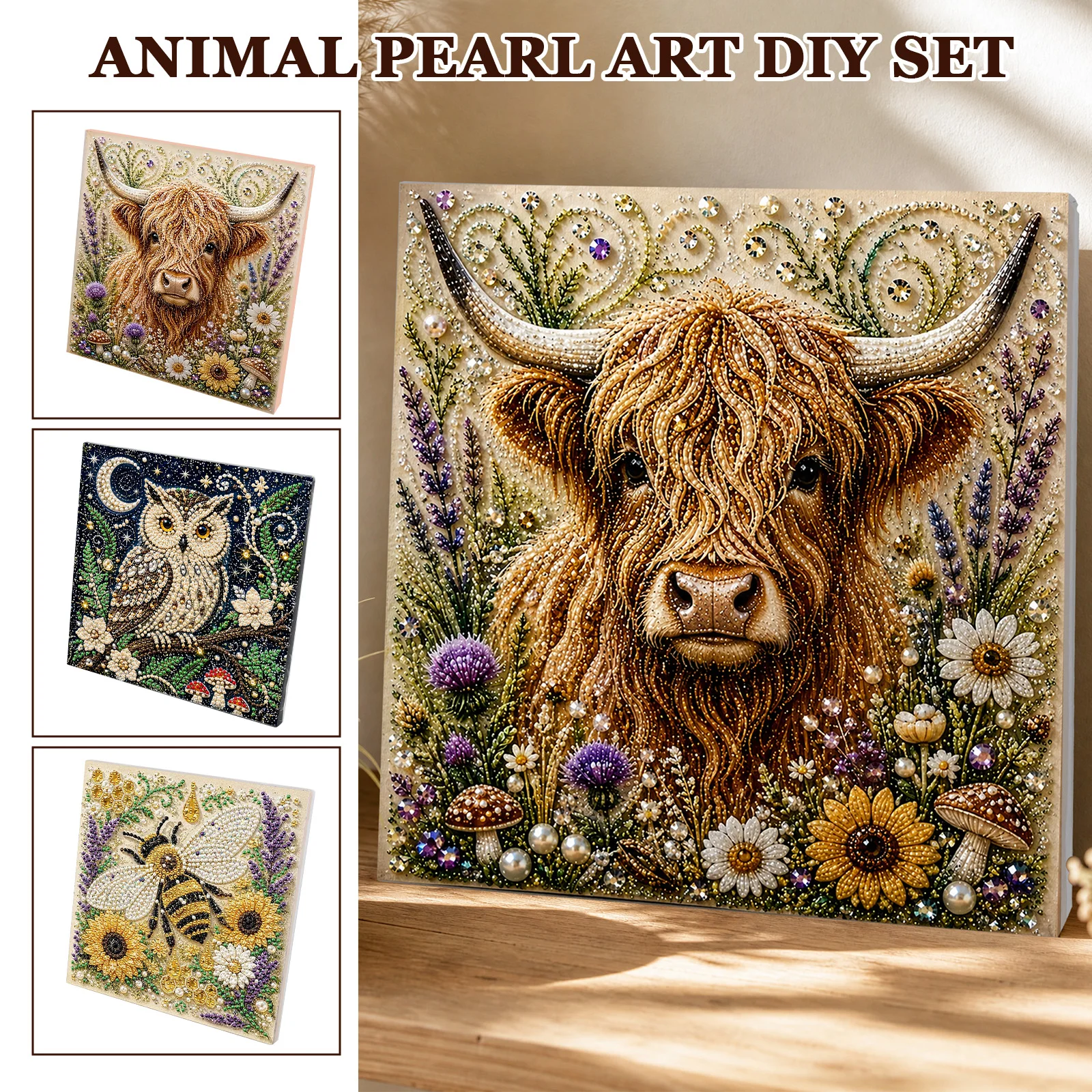 Highland Cattle/Owl/Bee Pattern Pearl Painting Kit DIY Sparkling Animals Diamond Dots Set Shiny Pearl Mosaic Art Craft Project