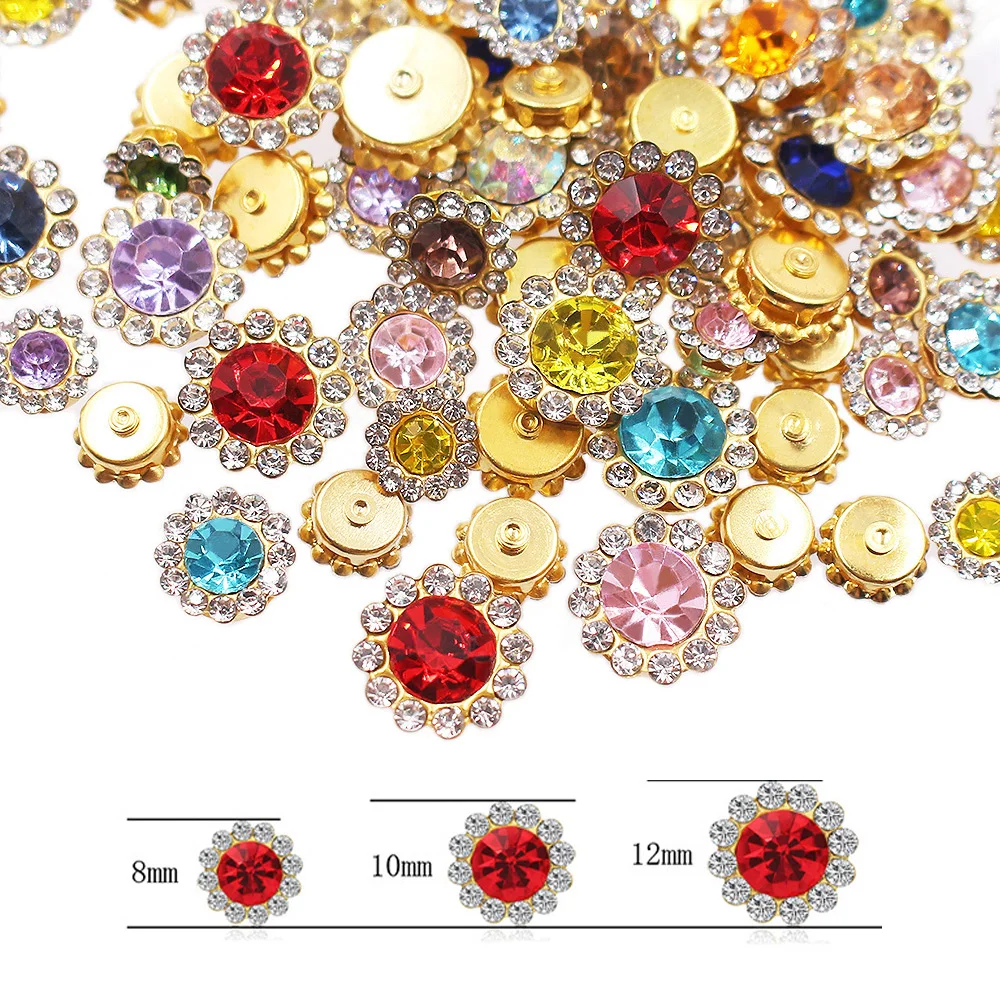 Ouro Sun Flower Claw Strass, Cristais Glitter, Strass Pedras Beads, Trim Sew-On Strass para roupas, bolsa, 30-100pcs