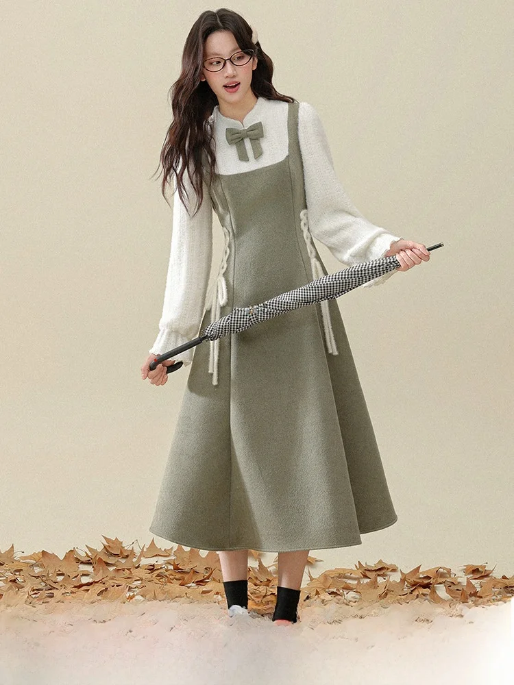 

Tee-Inch Lotus Spring Wild White Tea Retro Fake Two-Piece Winter Dr Small ence eat Long Dr Polyester Fiber