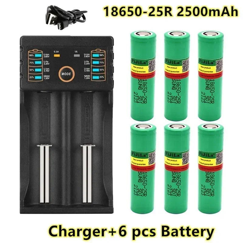 

100% New Original 18650 2500mah Battery INR18650 25R 20A Discharge Lithium Batteries+ Charger