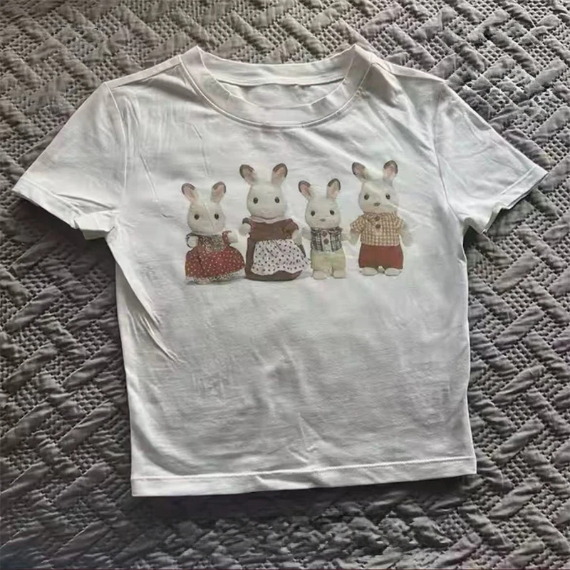 

2024 Summer Harajuku Aesthetics Baby Tees Rabbit Print Y2k Gothic Crop Tops Vintage Punk Casual Streetwear Short Sleeve T-shirts