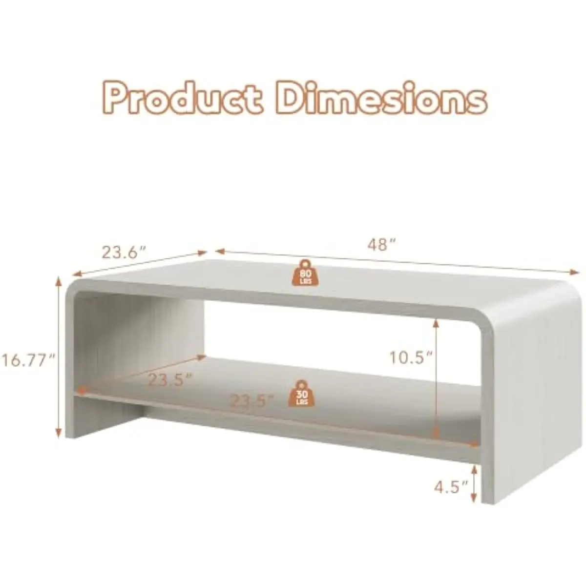 48 Inch Curved Profile Coffee Table Featuring Two-Tier Layout and Open Lower Shelf for Living Room or Office Use Smooth White Wo