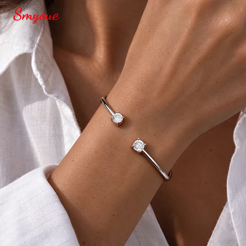 Smyoue 5mm Open Cuff Moissanite Bangles for Women 2 Stones Stackable Jewelry Thin Band Certified Wedding Gift Real S925 Silver