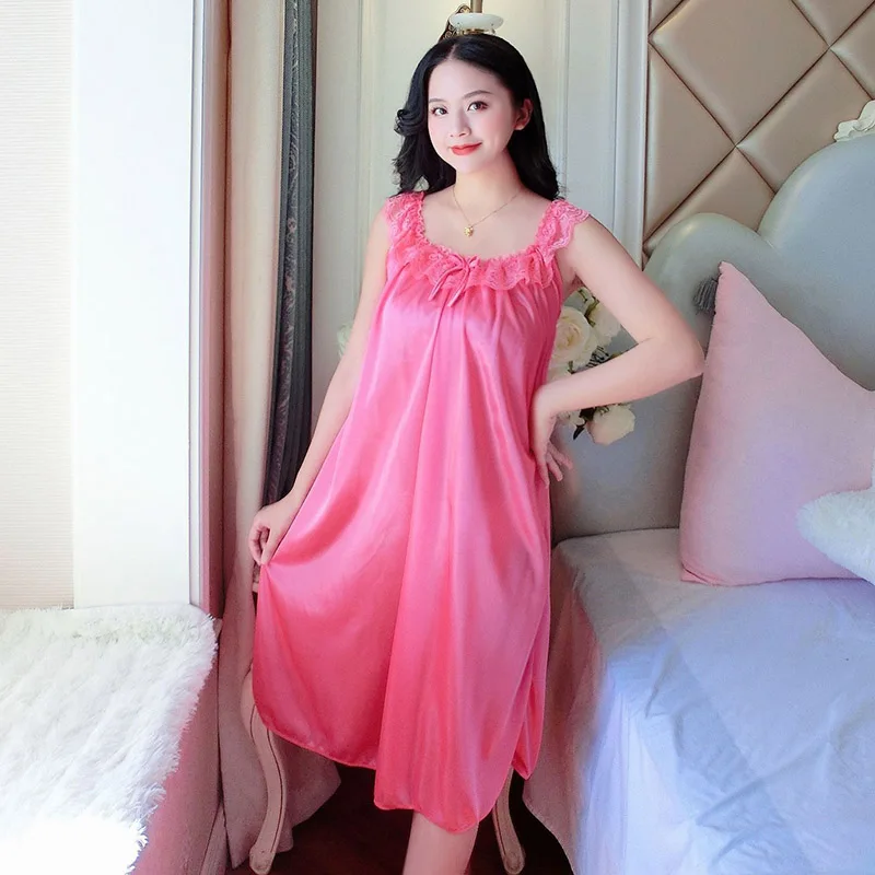 Loose Large Size Simulation Silk Nightgown Home Service Summer Women Nightgown New Brides Wedding Lace Sexy Ice Silk Nightdress
