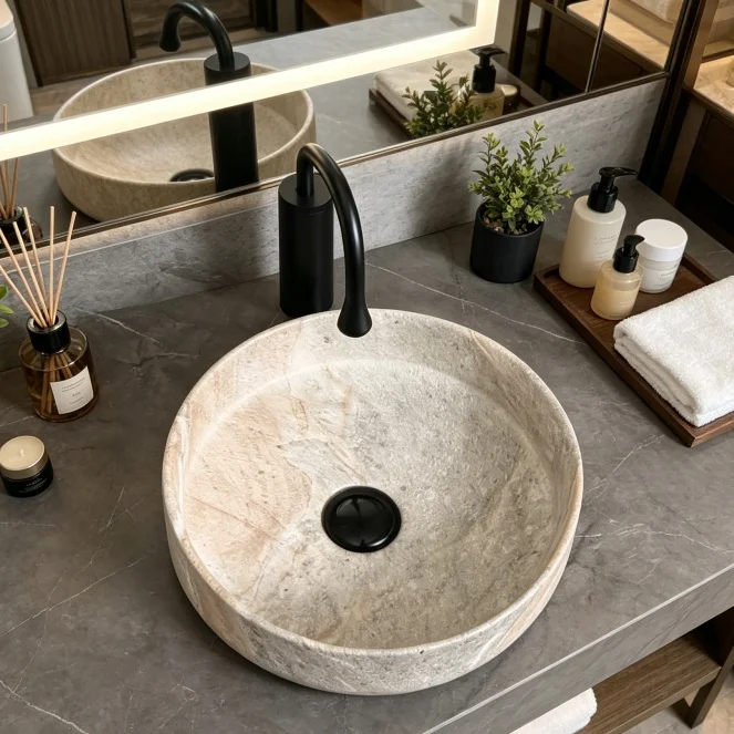 Wholesale High Quality Round Mini Ceramic Vessel Sink Marble Water Transfer Pattern For Household Countertop Bathroom Sinks