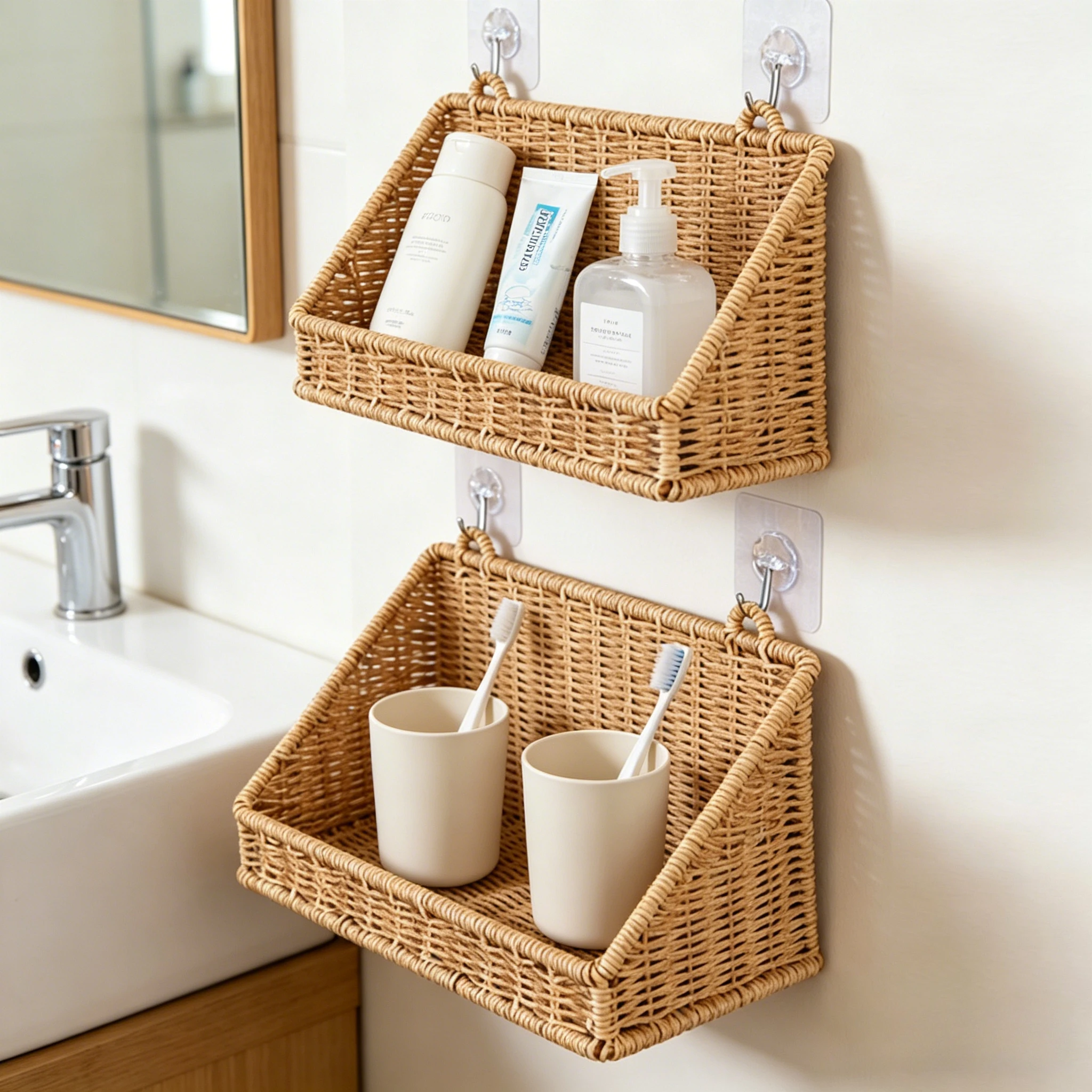 Woven Imitation Rattan Wall Mounted Storage Basket Slanted Shelf Organizer for Kitchen Living Room Bathroom Bedroom Balcony view 6