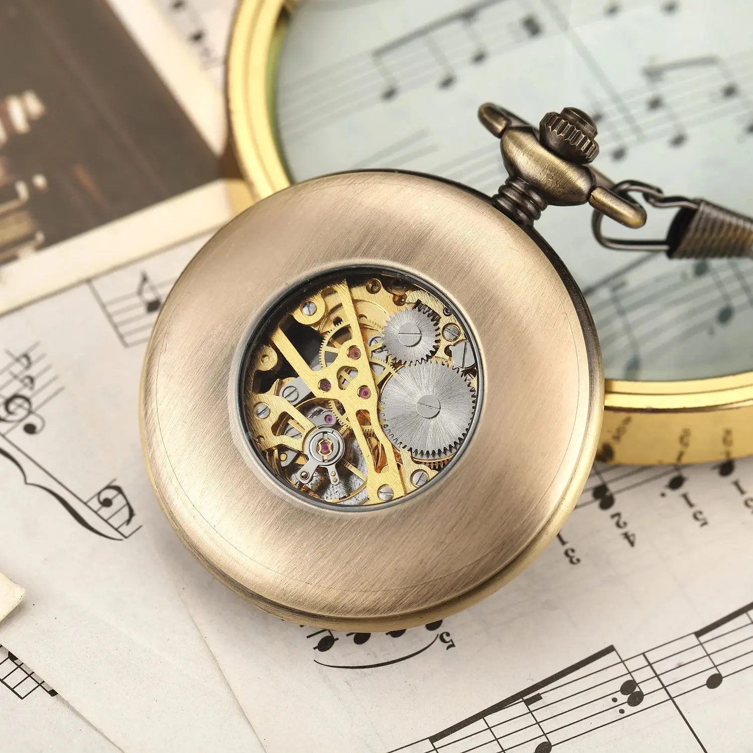 ساعة جيب هيكل عظمي بحلقة خشبية فاخرة عتيقة، أرقام رومانية يدوية، ساعة جيب ميكانيكية reloj de bolsillo