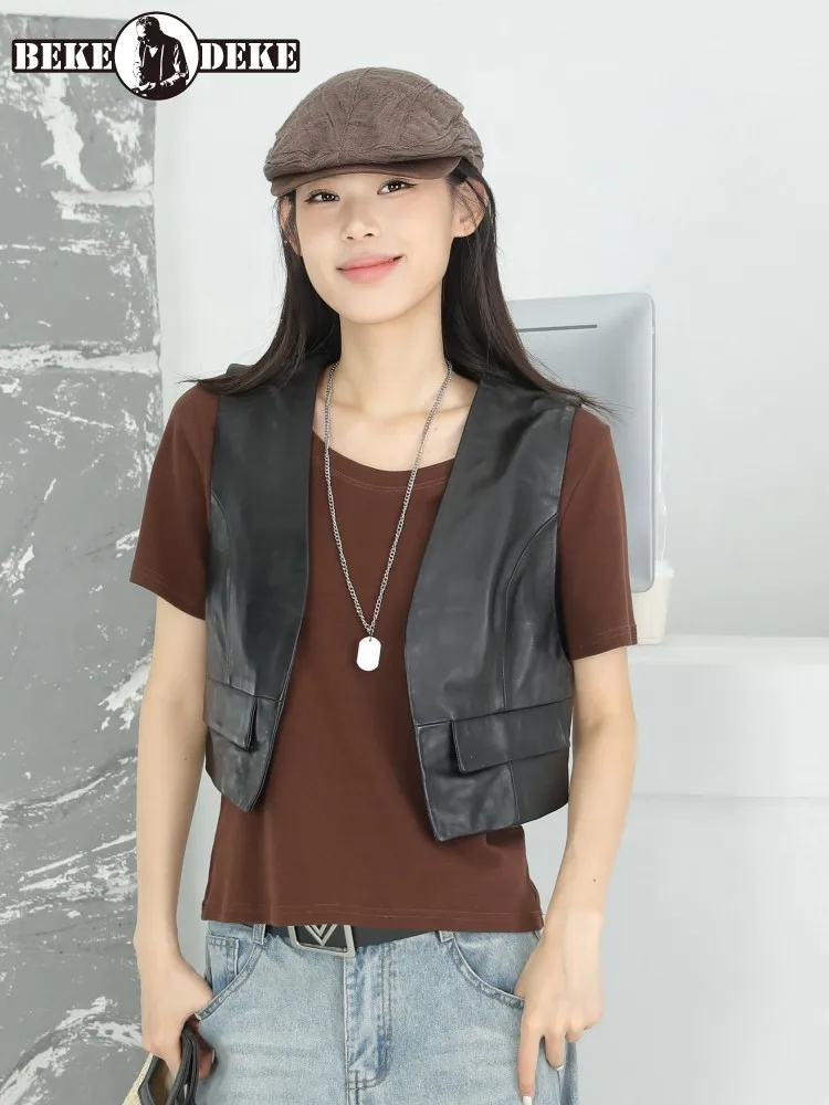 V Neck Womens Short Genuine Leather Vest Ladies Slim Black Sheepskin Waistcoat Spring Autumn Buckleless Sweet Sleeveless Jacket